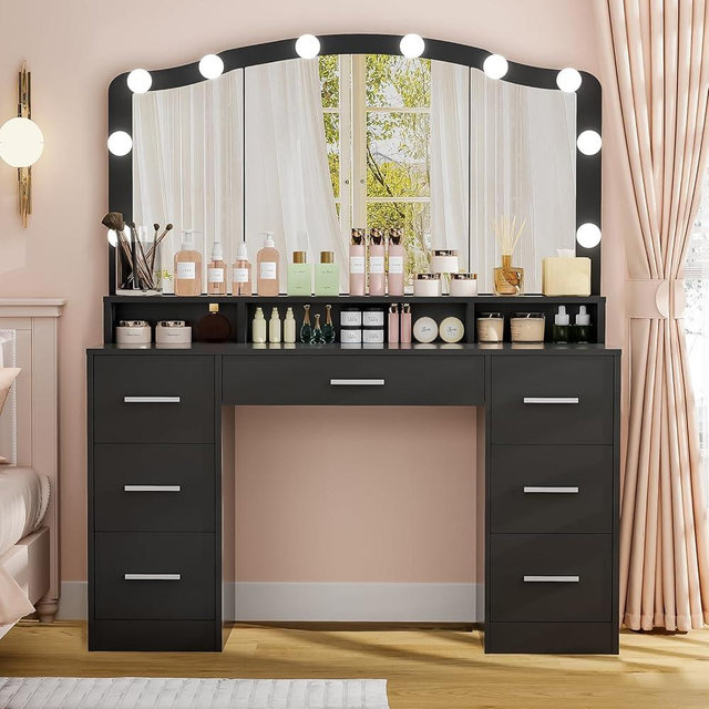 usikey 43.3" Vanity Desk with Large Lighted Mirror, Makeup Vanity Table with 7 Drawers & 10 Lights Bulbs, 3 Lighting Colors, Make Vanity Desk, Vanity Table for Women Girls, Black