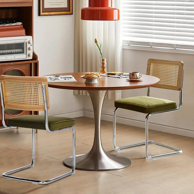 VICBARLEY Rattan Back Velvet Dining Chair Set of 2 Modern Stainless Chrome Base Armless Upholstered Side Chair for Dining Room, Kitchen Island, Olive Green