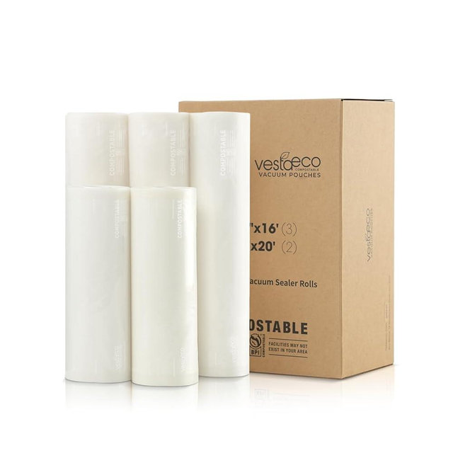 VestaEco Compostable Vacuum Sealer Bags for food, 3 Rolls 11" x 16' and 2 Rolls 8" x 20', Heavy-Duty Embossed Vacuum Seal Bags, Customized Size for Meal Prep/Sous Vide Cooking, BPA-Free