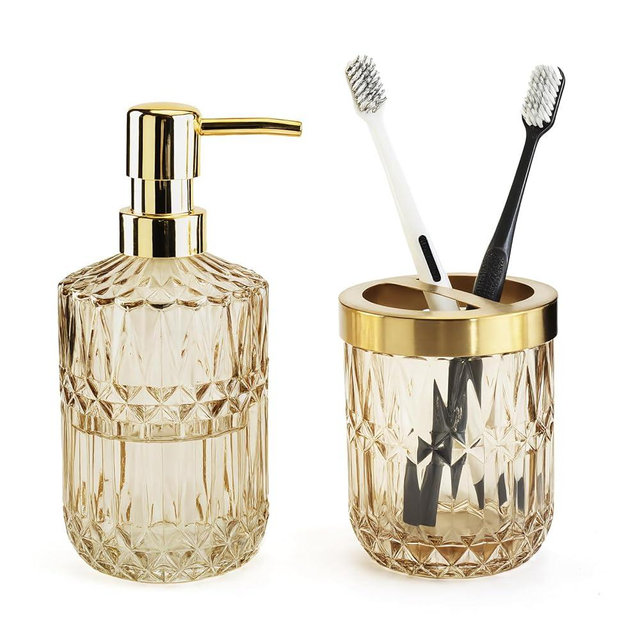 Glass Bathroom Accessories Set, 2PCS Clear Glass Bathroom Accessory, Toothbrush Holder and Soap Dispenser Set for Modern Bathroom Decor(Amber)