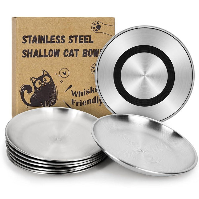 Supet Cat Plates for Wet Food, Non Slip Food Bowls Whisker Friendly, Stainless Steel Shallow Wide Dishes for Indoor Cats (13Oz, 8Pcs)