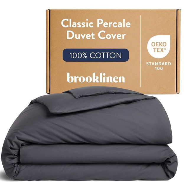 Brooklinen Luxury Percale Duvet Cover – 100% Cotton, Cool, Crisp, Extra-Long Corner Ties, Button Closure, Soft & Breathable – Machine Washable, Duvet Cover King/California King Bed Sizes (Slate)