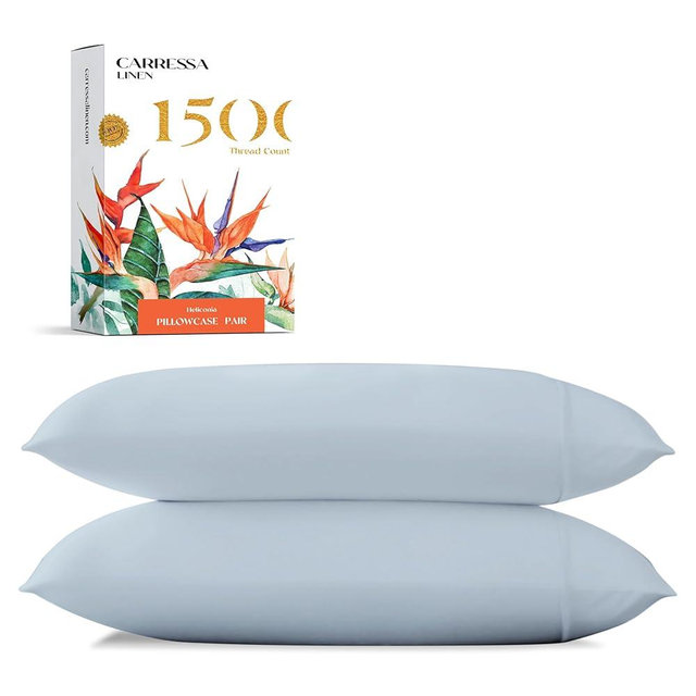 Carressa Linen 100% Egyptian Cotton Pillow Cases King Size Set of 2 - Luxury 1500 Thread Count Sateen Light Blue Pillow Covers, Soft & Breathable 5 Star Hotel-Quality Pillowcases, Fits King Pillows