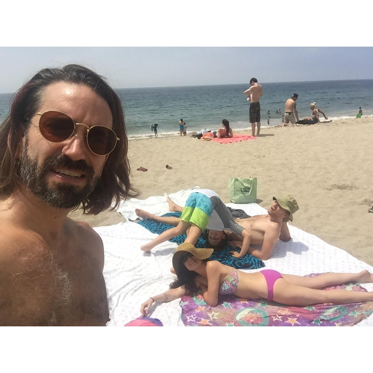 Jay's birthday, everyone on hand -- or on sand, as it were -- at Zuma Beach in Malibu, 2016.