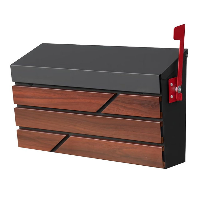 YOOBOX Wall Mount Mailbox for House Outside, Large Capacity Mailbox with Flag Drop Box, Galvanized Steel and Rust-Proof Metal Post Box, 15.74"x9.84"x4.33", Wood