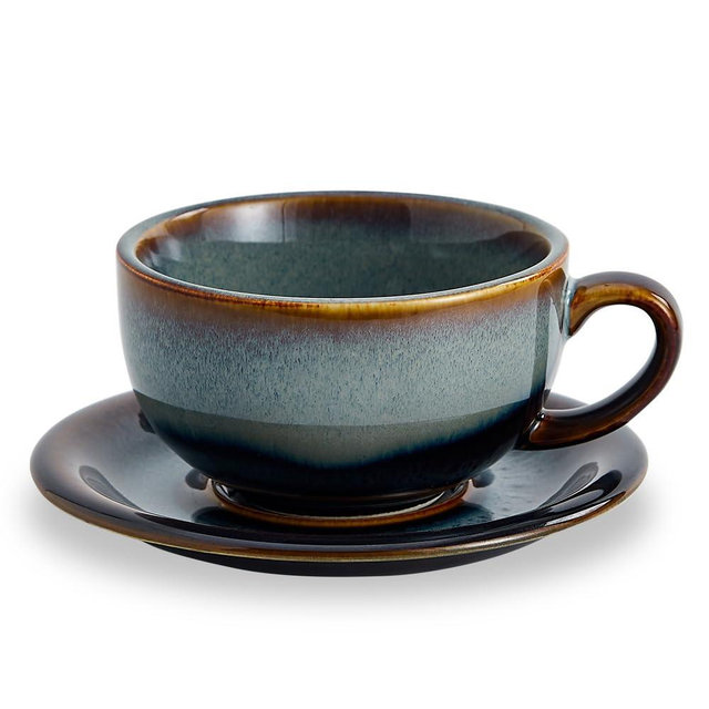 Coffeezone Vintage Design 12 oz Ceramic Latte Art Cappuccino Barista Cup with Saucer (Fog Grey)