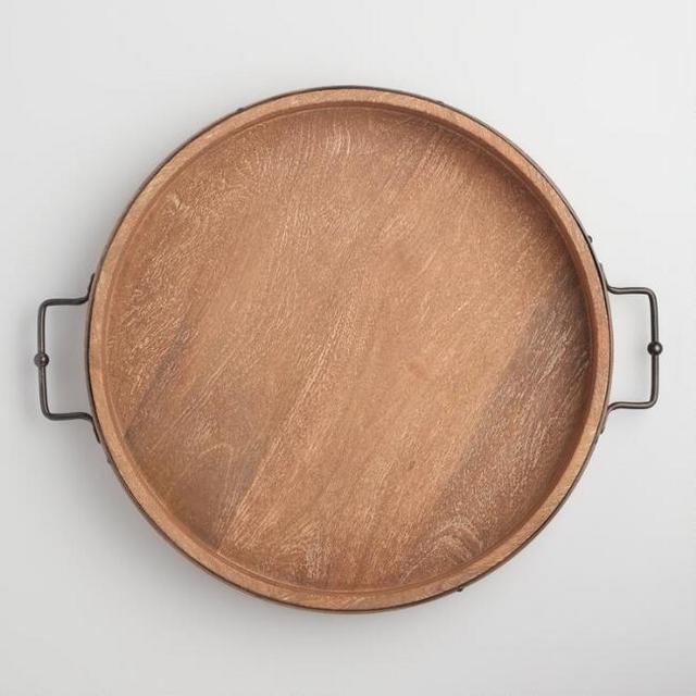Round Rustic Wood Serving Tray With Iron Handles