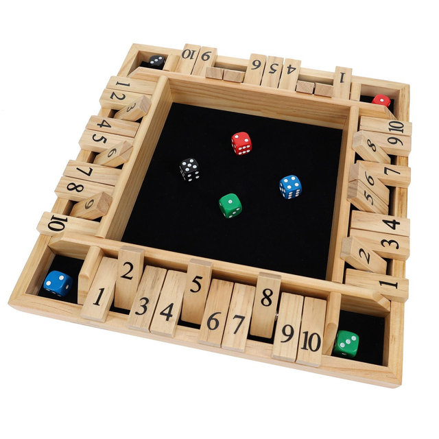 Pacific Shore Games 4 Player Shut The Box Wooden Board Game - Natural Solid Wood - 12 Inches, 8 dice for 1-4 Players, Great for Family Game Night