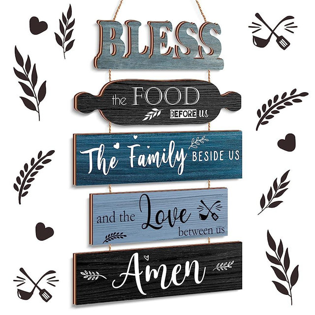 Bless The Food Before Us Sign Farmhouse Kitchen Wall Decor Rustic Dining Room Wall Art Dining Room Decorations Collage Art in Teal Blue Color Wooden Rustic Country Vintage Kitchen Hanging Wood Signs