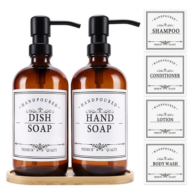 Aeakey 17oz Glass Soap Dispenser with Stainless Steel Pump and Tray,Refillable Liquid Hand Soap Dispenser for Bathroom countertop,Kitchen (Amber)