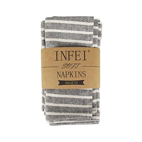 INFEI Soft Broad Striped Linen Cotton Dinner Cloth Napkins - Set of 12 (40 x 30 cm) - for Events & Home Use (Black)