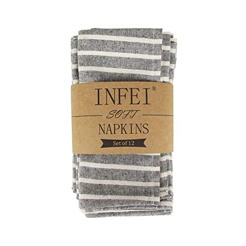 INFEI Soft Broad Striped Linen Cotton Dinner Cloth Napkins - Set of 12 (40 x 30 cm) - for Events & Home Use (Black)