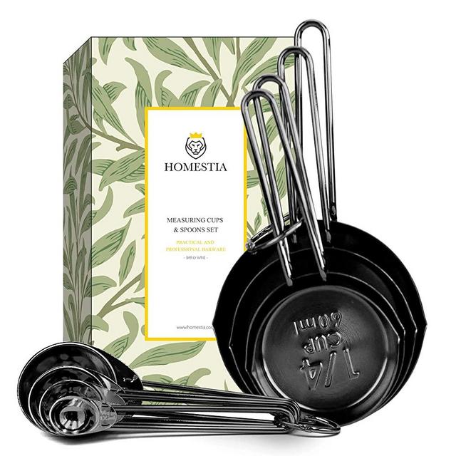 Homestia Stainless Steel Measuring Cups and Spoons Set of 8 Pcs Baking Cooking Utensils with Measurement for Dry and Liquid Ingredients, Black