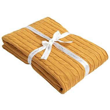 NTBAY 100% Cotton Cable Knit Throw Blanket Super Soft Warm Multi Color (51 x 67 inches, Ginger Yellow)
