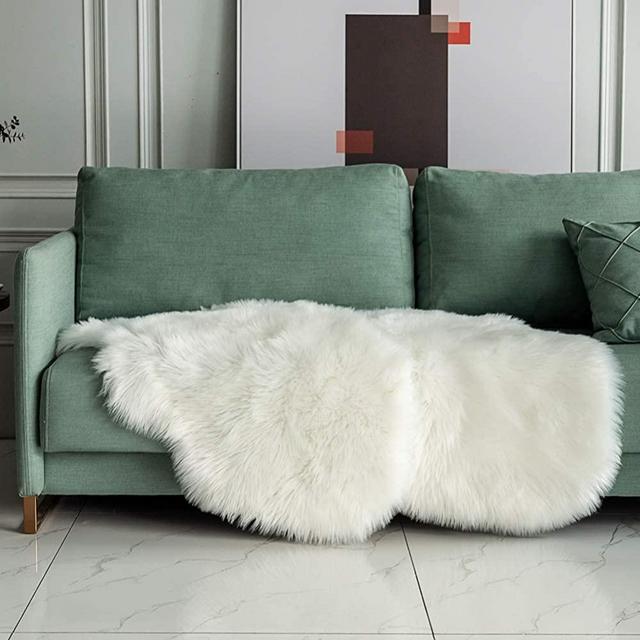 Carvapet 2 Pieces Soft Fluffy Faux Fur Chair Couch Cover Plush Sheepskin Area Rug Area Rug Bedroom Living Room 2 x 3 Feet,White