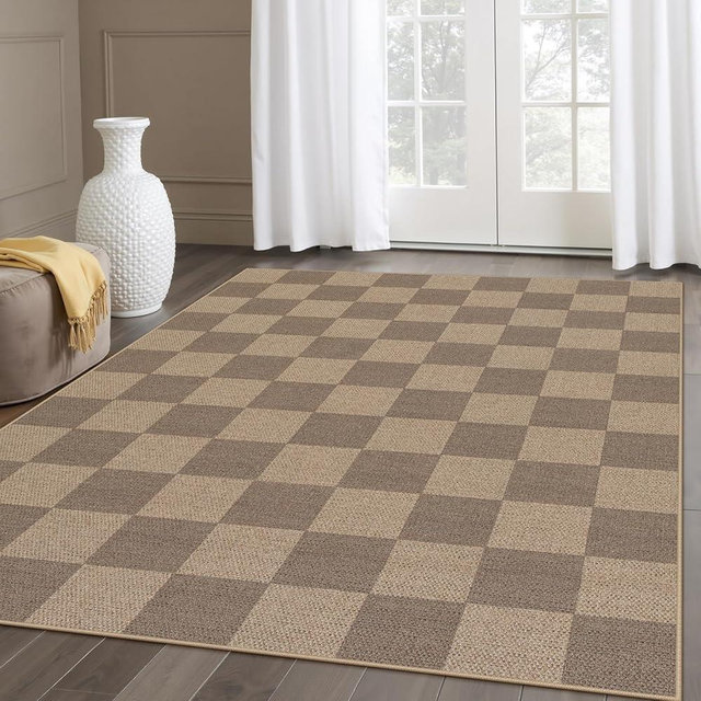 Lahome Checkered Easy Jute Living Room Rugs, 5x7 Large Dining Room Office Rug Farmhouse Washable Area Rug, Checkerboard Neutral Rug Non Slip Indoor Outdoor Carpets for Bedroom Entry Patio