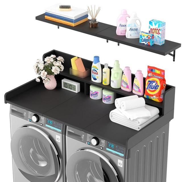 Kikihouse Washer Dryer Countertop with Floating Shelf, Wooden Laundry Countertop Over Washer and Dryer with Storage, 2-Tier Anti-Slip Laundry Machine Topper (Black)