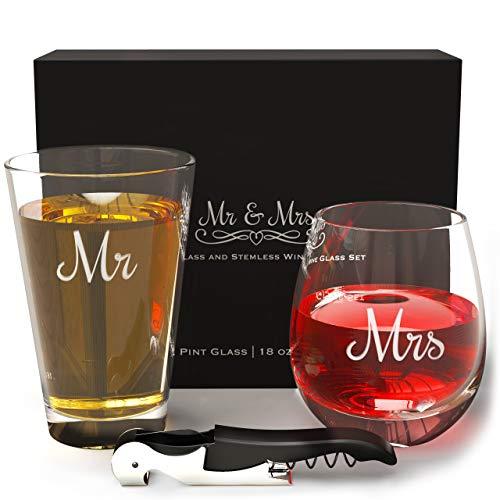 Mr Mrs Beer and Wine Glass Set and Bottle Opener, Funny Beer and Wine Glass set of 2, Funny Gift for Couples, Engagement Gift Idea for Couples, Wedding Gift, Anniversary Beer Wine Glasses for Couples