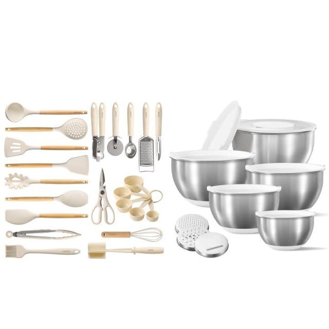Carote 44 pcs Silicone Utensils Set, Stainless Steel Mixing Bowls