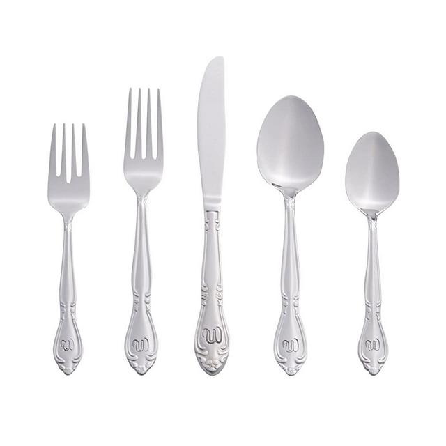RiverRidge 5417-843-W Rose 46 Piece Monogrammed Flatware Set, Letter W, No size, Silver