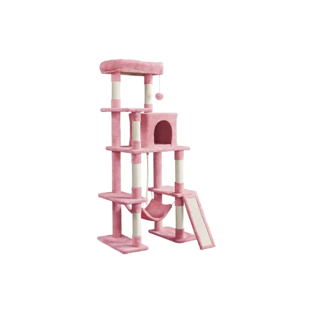Yaheetech 63" Multilevel Plush Cat Tree with Hammock for Cats Kitchens- Pink