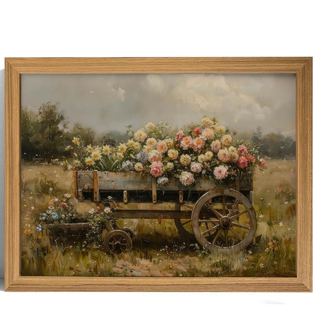 Rustic Flower Cart Wall Art–Vintage Wooden Wagon with Colorful Wildflowers Canvas Print Farmhouse Country Landscape Painting,wildflower field Poster Prints,floral farmhouse decoration,Wood Frame 16x24in