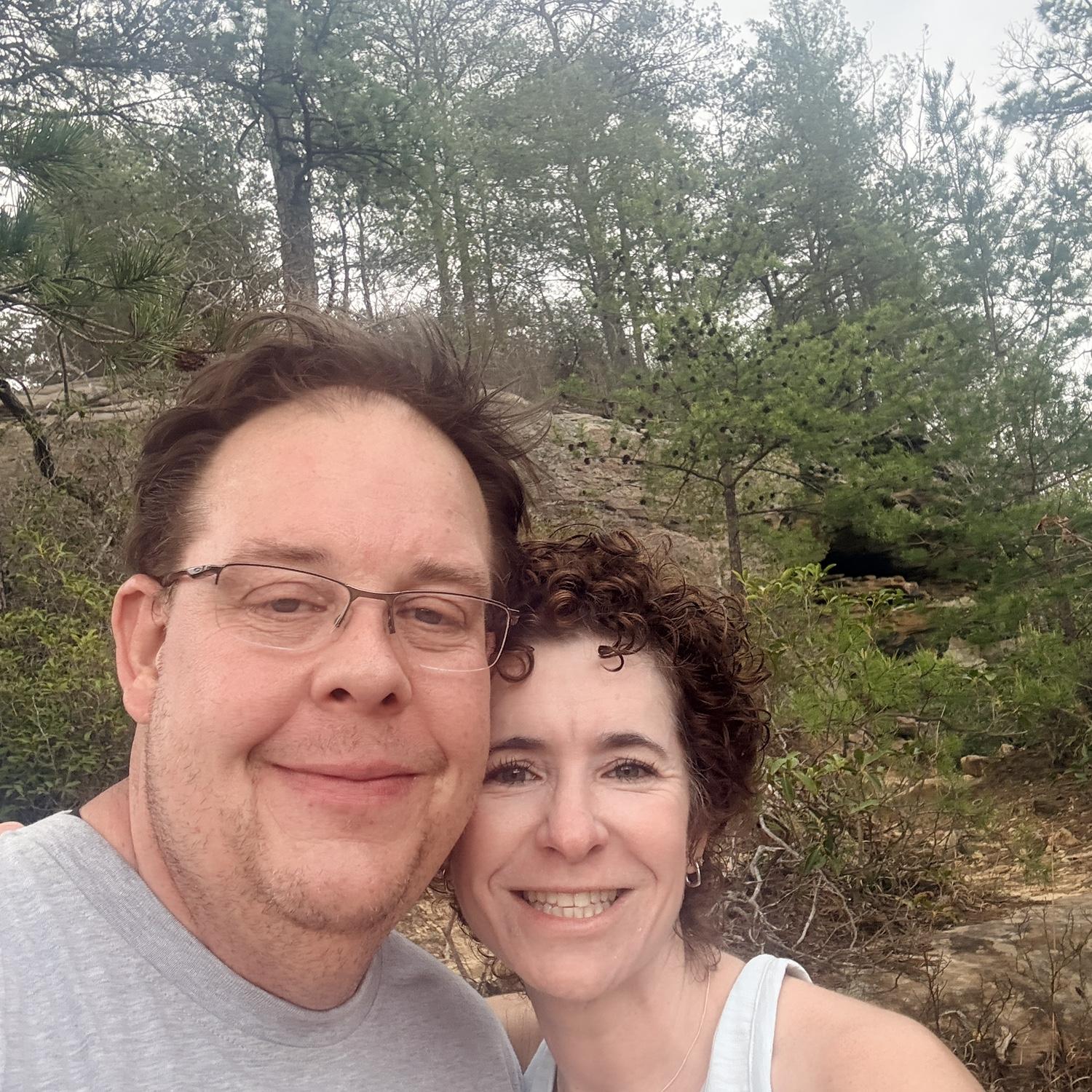 About to climb up to the Sky Bridge in the Daniel Boone National Park. Andrea requested to take this pic as she really needed an excuse to rest!