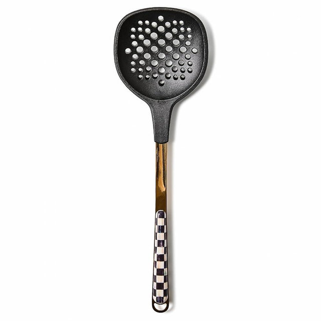MACKENZIE-CHILDS Slotted Spoon, Silicone Turner for Cooking, Black-and-White Courtly Check