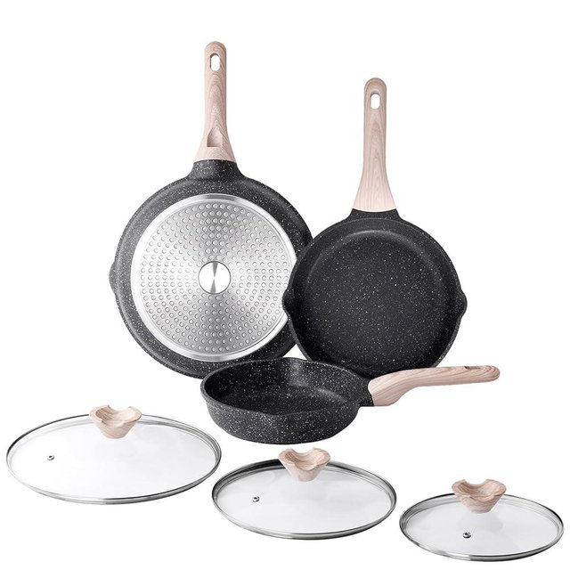 Kordisen Nonstick Frying Pan Set with Lids, 3 Piece Skillet Set, Healthy Induction Cookware Cooking Pan, Stay-Cool Handle, Compatible with All Stovetops, PFOA Free (8, 9.5, 11 Inch)