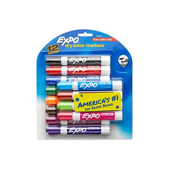 EXPO Low Odor Dry Erase Markers, Chisel Tip, Assorted Colors, 12 Count