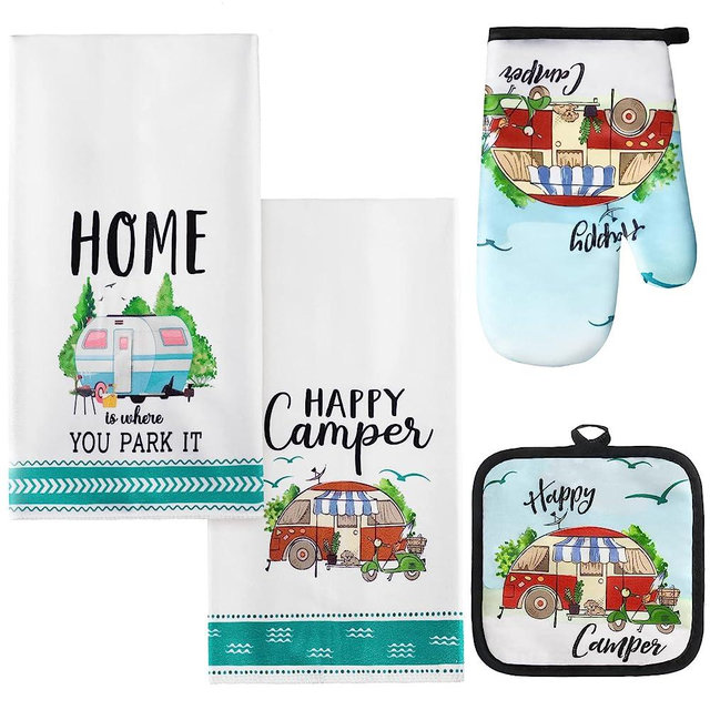 4 Pcs Camping Towels Set, Making Memories One Campsite at a Time RV Dish Towel, Funny Camping Dish Towels Dish Cloths, Soft and Absorbent Pot Holder, Camping Oven Mitt (Cute Style)