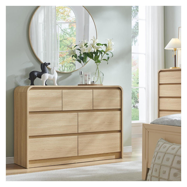 SinCiDo Modern 7 Drawers Dresser 47" Wide Chests of Drawers w/ Curved Profile Design Natural Texture for Bedroom, Living Room, Natural