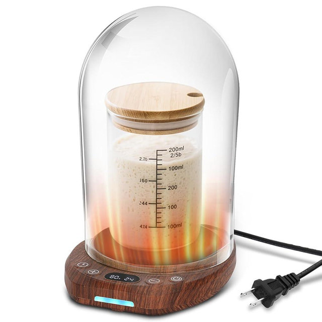 Sourdough Starter Warmer Mat with Glass Dome Precise 1°F Thermostat Control (70-104°F) 0-24H Timer Automatic On/Off Sour Dough Warmer and Glass Cover for Home Baking（Wood Grain）