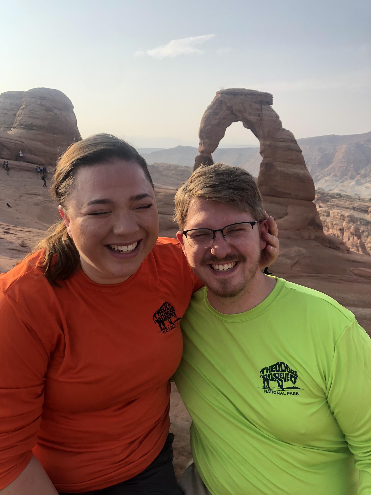 At Delicate Arch in Arches National Park. We woke up before dawn to complete the deceptively vigorous 1.5 mile hike to this vantage point. We were sweaty and tired, but oh so happy to be together.