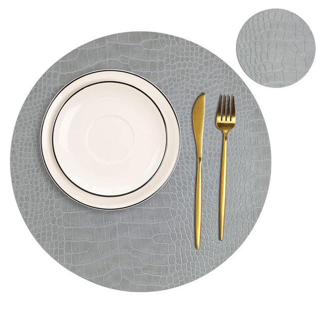 Round Leather Placemats for Round Tables Set of 6, Gray Table Place Mats and Coasters, Washable Easy to Care for Indoor Decor 13" Diameter