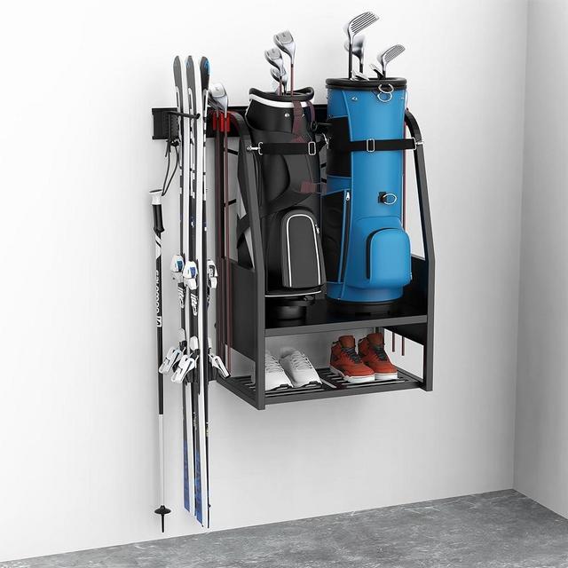 WALMANN Wall Mount Golf Bag Organizer, 2 Golf Bags Stand Golfing Equipment and Accessories Storage Rack for Garage Shed Basement
