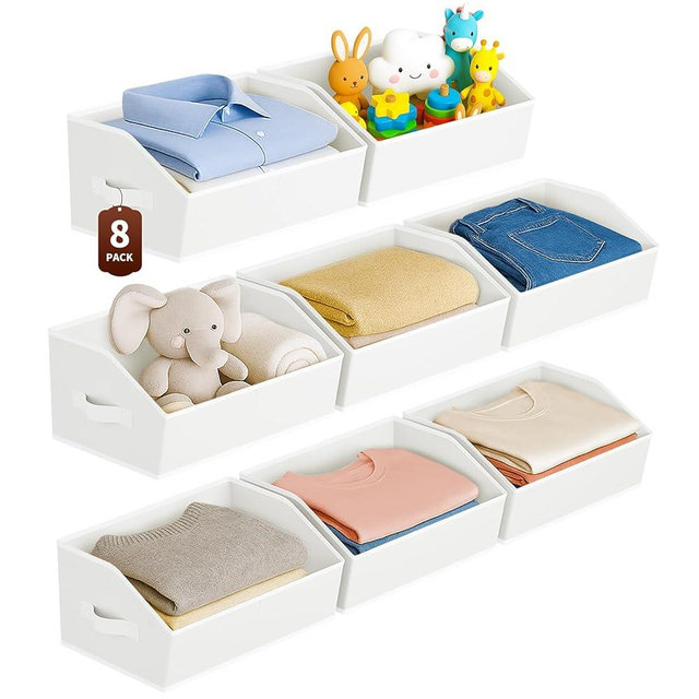 Homsorout Large Closet Organizers and Storage Bins - 8 Pack Trapezoid Storage Baskets for Shelves, Foldable Fabric Baskets with Handles Ideal for Closet, Basket, Wardrobe and Shelf Storage, White