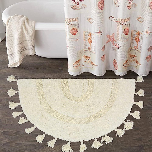 Boho Bathroom Rug Half Circle Cotton Bath Mat with Tassels Hand-Woven Bohemian Rugs with Rug Non Slip Pad Washable Bath Rugs for Bathroom, Shower, Tub 20"x32", Half-Circle Cream