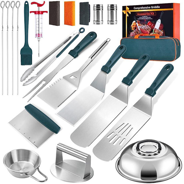 Griddle Accessories BBQ Grill Set - 22pcs Stainless Steel Barbecue Tools Kit for Blackstone with Thermometer Spatula Basting Cover Grill Mats Carry Bag for Camping,Flat Top Camp Chef Utensil