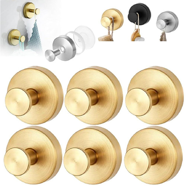 2024 Upgrade No-Drill Hooks - Stainless Steel Waterproof Suction Cup Hooks for Shower, Bathroom, Kitchen Hanging Towels (Gold, 6 Pack)