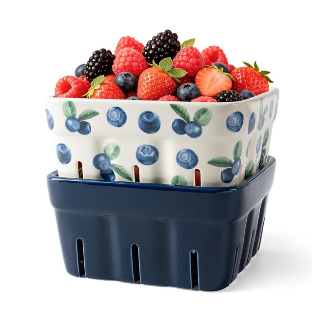 AELS Ceramic Berry Basket, 5.9" Container for Fruit & Vegetables, Farmhouse Fruit Bowl, Strawberry Decor, Farmers Market, Stoneware Harvest Bowls for Kitchen，Navy and Cute Blueberry