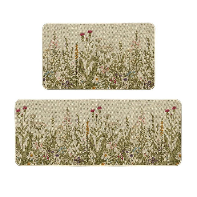 Artoid Mode Wildflower Fall Floral Kitchen Mats Set of 2, Flowers Summer Holiday Party Low-Profile Floor Mat for Home Kitchen - 17x29 and 17x47 Inch