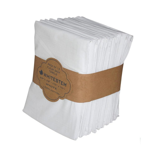 WHITESTEM Flour Sack Tea Towel for Crafts| Kitchen Dish Cotton Blank Towel for Embroidery| Baking Bread Proofing Linen Cover| Thick Absorbent Quick Dry | 12 Pack 28"x28" White