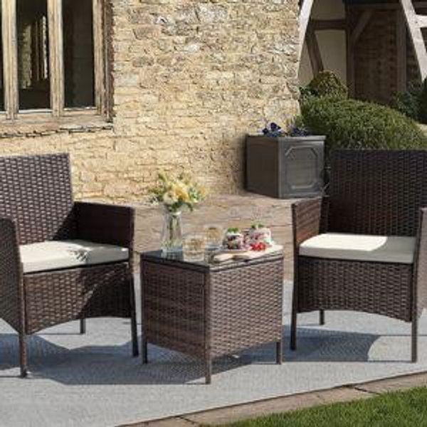 Jagger 3-Piece Outdoor Rattan Furniture Set with All-Weather Cushions,Modern Patio Seating Group with Table Outdoor Garden Furniture Sets - Beige