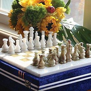 Large Handmade White and Green Onyx Weighted Full Chess Game Set