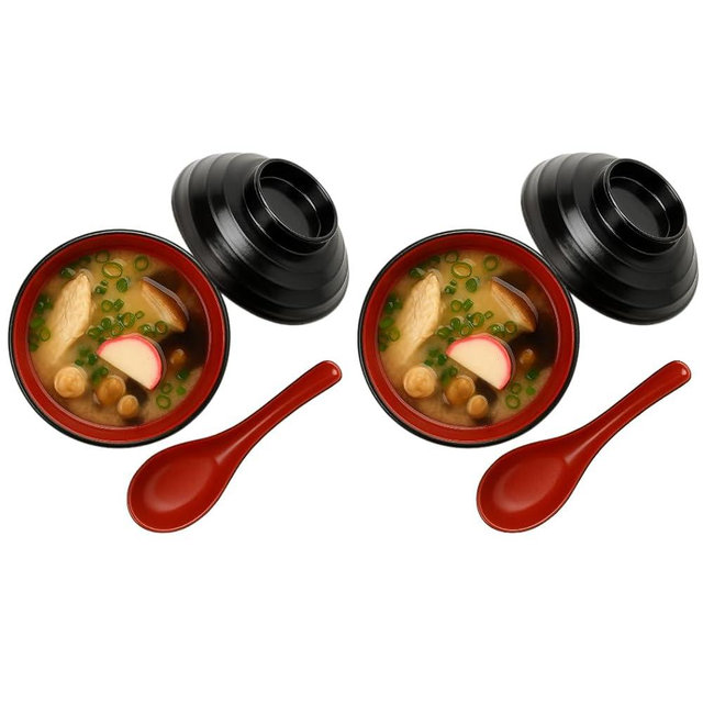 Set of 2 Japanese Miso Soup Bowls with Lid and Spoon, 11 oz Black and Red, Rice Snack Dessert Bowl Set