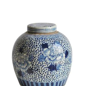 Blue & White Ginger Jar, 10" Flowers & Dots