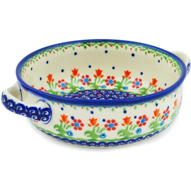 Polmedia Polish Pottery Round Baker with Handles - Spring Flowers Pattern Handmade in Boleslawiec Poland by Ceramika Bona + Certificate of Authenticity