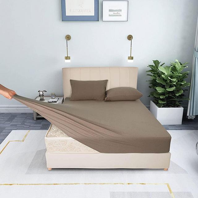 Stretchy Queen Sheet Sets - 4 Way Stretch Tech & Microfiber Jersey Knit Bed Sheets, T-Shirt Like Extra Soft & Wrinkle Resistant - 4 Piece Sets, Heather Brown, Queen
