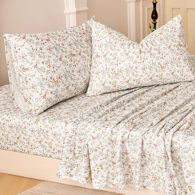 Huborise Orange Queen Sheet Set 400TC 100% Cotton Flannel-Like Warm Luxury Animal & Floral Bed Sheets 4Pc Deep Pocket 17.5", Double Brushed Extra Soft Breathable, Fall/Winter French Country Bedding